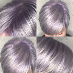 Grey Lilac Hair, Silver Hair With Purple Highlights, Grey And Purple Hair, Grey Hair With Purple Highlights, Pastel Lilac Hair, Grey Hair Color Ideas, Silver Lavender Hair