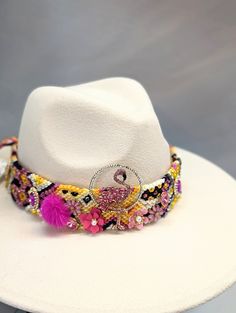 Beautiful Hand Made Beaded Hat Band. *hat is not included* Multicolor Beaded Brimmed Hat, Multicolor Beaded Hat With Curved Brim, Multicolor Beaded Short Brim Hat, Bohemian Costume Hats With Curved Brim For Party, Bohemian Adjustable Hat Bands For Party, Embellished Adjustable Hat With Curved Brim, Adjustable Bohemian Hat Bands For Party, Bohemian Adjustable Hat Bands For Parties, Multicolor Bead Cap Hats For Festivals