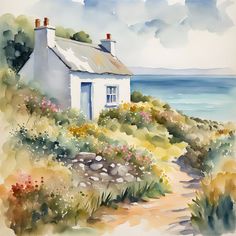 a watercolor painting of a house on the coast with flowers and bushes around it