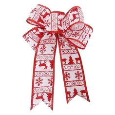 a red and white bow with reindeers on it's side, against a white background