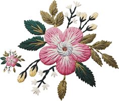 a pink flower with green leaves and white flowers on the bottom right hand corner is an embroidered design