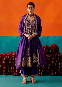 Aman Takyar | Purple Floral Embroidered Anarkali Set | INDIASPOPUP.COM