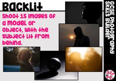 an advertisement for the backlit project with images of people in silhouettes and text that reads, shoot - 15 images of a model or object, with the subject,