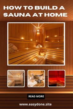 an advertisement for a sauna home with images of the inside and outside of it