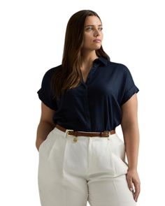 Lauren Ralph Lauren Plus Size Dolman Sleeve Linen Shirt Plus Size Ralph Lauren, Classic Tops With Rolled Sleeves In Relaxed Fit, Ralph Lauren Relaxed Fit Summer T-shirt, Elegant Collared Tops With Rolled Sleeves, Casual Workwear Tops With Rolled Sleeves, Casual Tops With Rolled Sleeves For Work, Ralph Lauren Spring Tops For Workwear, Ralph Lauren Spring Workwear Tops, Summer Ralph Lauren Relaxed Fit T-shirt