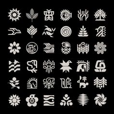 a collection of various symbols and designs on a black background, all in different styles