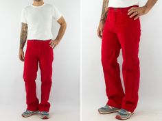 "Vintage pants - Rica Lewis Made in France 1970/80's Red velvet pants. Straight cut. High waist. 5 belt loops.  Zipper closure. 2 front gusset pockets. 2 back patch pockets. In very good condition. Some signs of use. To note (photos): Shortened hem. 100% cotton  No size label. Size estimate: M The model wears usually size M and measures 175cm - 68,8\". Measures (flat):  Waist: 40cm - 15,7\" Front crotch: 28cm - 11\" Back crotch: 37cm - 14,5\" Inseam: 79cm - 31,1\" Leg width: 27cm - 10,6\" Lower legs: 24cm - 9,4\" Length: 104cm - 40,9\" Please note that our items are  vintage and may have minor imperfections. For more details, product information or additional photos, please do not hesitate to contact us." Retro Red Cotton Pants, Vintage Red Pants With Pockets, Vintage Red Straight Leg Pants, Vintage Red Full-length Pants, Vintage Red Full Length Pants, Red Velvet Pants, Straight Cut Jeans, Velvet Pants, Vintage Pants