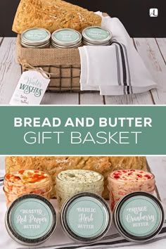 bread and butter gift basket with labels on the top, next to it is an image of