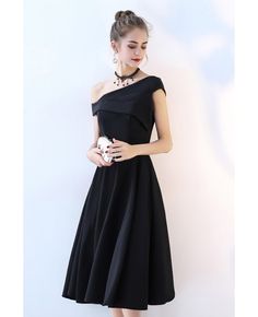 Simple Black One Shoulder Midi Party Dress #BLS86051 - GemGrace.com Evening A-line Midi Dress For Night Out, Solid Dresses For Banquet During Party Season, Elegant Midi Dress With Asymmetrical Neckline For Banquet, Chic Black A-line Evening Dress, Sleeveless Formal Midi Dress For Gala, Summer Banquet Dresses With Asymmetrical Neckline, Sleeveless Midi Dress For Gala, Evening Banquet Midi Length Dress, Evening Midi Dress For Banquet