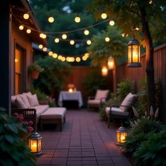 an outdoor patio with lights strung over it