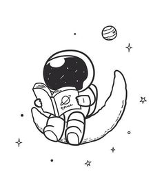 an astronaut reading a book while floating in the air with stars around him and planets above