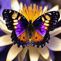 a purple and yellow butterfly sitting on top of a white flower