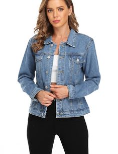 PRICES MAY VARY. 🌸 Features: Classic Style / Regular fit / Button up / Denim Washed / Single Breasted /Turn Down Collar / Two Chest pockets / Two Side Pockets / Long Sleeves Jean Jacket. 🌸 Material:100% Cotton. This Denim Jean Jackets is made of soft and comfortable fabric, Durable Denim offers comfort, mobility, and versatility. it comfortable to wear. 🌸 This flattering jean jacket can be worn in many occasions,Perfect for casual wear , daily wear and outgoing , Easy to wear with pants , jea Denim Blue Single Breasted Denim Jacket, Spring Single Breasted Denim Jacket, Medium Wash Denim Jacket With Button Closure For Spring, Spring Denim Jacket In Medium Wash, Casual Denim Blue Jacket With Snap Buttons, Spring Medium Wash Denim Jacket With Button Closure, Button-up Denim Jacket With Buttoned Pockets, Spring Button-up Denim Jacket With Buttoned Pockets, Spring Button-up Denim Vest With Snap Buttons