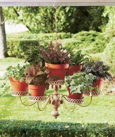 a chandelier filled with potted plants hanging from it's sides outside