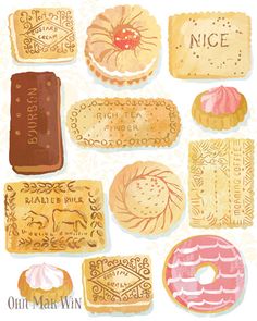 some different types of cookies and pastries on a white background with the words nice written in