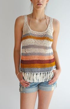 Sleeveless Fringe Top For Beach Season, Summer Fringe Tank Top For Vacation, Summer Vacation Tank Top With Fringe, Bohemian Fringe Tank Top For Vacation, Multicolor Crochet Sleeveless Tank Top, Sleeveless Fringe Tank Top For Vacation, Bohemian Fringe Sleeveless Tank Top, Casual Fringe Tank Top For Vacation, Bohemian Crochet Multicolor Tank Top