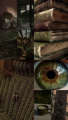 a collage of photos with books and an eye looking at the viewer's camera