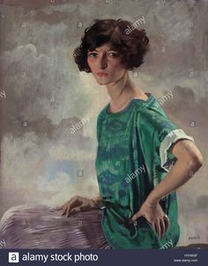 an oil painting of a woman in green dress holding a suitcase and looking at the camera