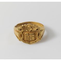 We are selling this fabulous 24kt gold Chinese ring. This ring has bat and shou characters on the front representing good luck. The back is marked with multiple hallmarks as well as 100 mark indicating 24kt or about .999% gold content as tested by a jeweler. Has adjustable band but is size 7 ¼.  Condition: Good condition.  Dimensions: Height 1/2 Inches 1.4 cm Width 3/4 Inches 2.0 cm Depth 3/4 Inches 2.0 cm Chinese Ring, 24kt Gold, Good Luck, Gold Ring, Hallmark, Bat, Gold Rings, Size 7, Band