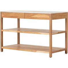 a wooden table with two shelves on each side