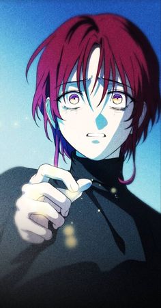 an anime character with red hair and blue eyes holding a cell phone in his hand