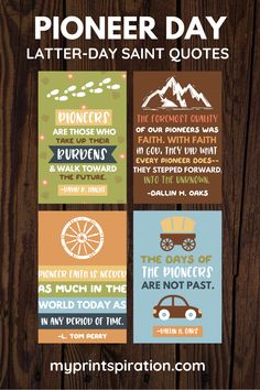 four different types of posters with the words, phrases and pictures in them on wooden background