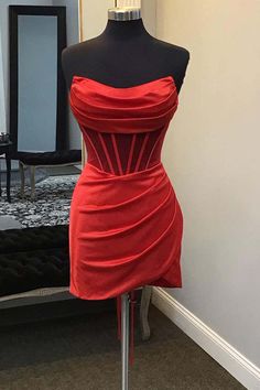 Cowl Neck Red Satin Tight Mini Dress Red Silk Cocktail Dress, Red Short Corset Dress, Prom Dresses Red Short, Strapless Red Dress Short, Red Backless Dress Short, Red Corset Dress Short, Red Strapless Mini Dress, Corset Hoco Dresses, Red Strapless Dress Short