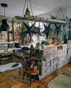 a living room filled with lots of furniture and plants on top of wooden dressers