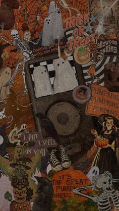 a collage of halloween stickers and pictures on a piece of paper that says trick or treat