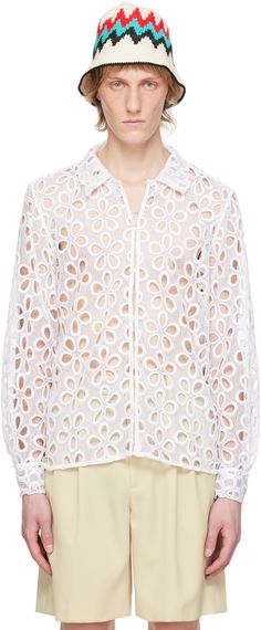 Sheer cotton lace shirt. Cutouts and floral pattern embroidered throughout. · Spread collar · Button closure · Single-button barrel cuffs This item is part of a limited run of 146. Supplier color: Natural White Shirt With Floral Embroidery Collar, Embroidered White Collared Shirt, Bode Runway, White Embroidered Button-up Shirt, Bode Embroidered Shirt, Limited Run, Lace Shirt, Embroidered Shirt, Cotton Lace