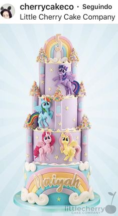 the cake is made to look like a castle with rainbows and ponies on it