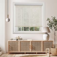 a living room scene with focus on the blinds