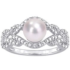 Accented with shimmering diamonds, this Stella Grace freshwater cultured pearl ring offers sophisticated style. Accented with shimmering diamonds, this Stella Grace freshwater cultured pearl ring offers sophisticated style. Width: 10.1 mm Metal: sterling silver Plating: rhodium Finish: polished Packaging: boxedDIAMOND DETAILS Total weight: less than 1/10 ct. Shape: round Setting: prongCULTURED PEARL DETAILS Type: freshwater Size: 7 mm - 7.5 mm Shape: round Color: white Diamond weights are approx