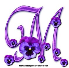 the letter m is decorated with purple pansies