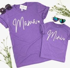 Mama and Mini Matching Shirt Set! Also available in Grandma, too! In this listing you can purchase the Mama, Mini, or Grandma design. Simply select your Design, select your Size, then Add to Cart for each shirt you would like to add. These tees make the cutest Mother Daughter matching sets and we use the softest tees made by Bella Canvas. Made of a soft blend of 60% ringspun cotton/40% polyester. Professionally screen printed. Shirt color is Heather Purple. Print color is White. Adult Shirts fit Cute Purple Top With Letter Print, Fun Purple Cotton Tops, Cute Tops With Screen Print For Mother's Day, Purple Crew Neck Top With Name Print, Cute Short Sleeve Tops For Mother's Day, Matching Letter Print Cotton Top, Matching Cotton Tops With Letter Print, Mother's Day Matching Cotton Tops, Fun Cotton Shirt For Mother's Day