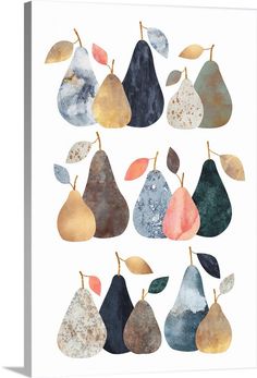 an art print with pears and leaves on the side, all in different colors