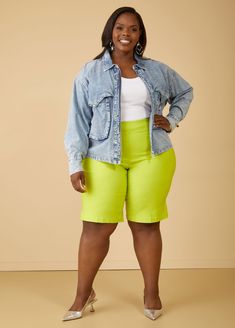 These Bermuda shorts are made from stretchy Power Twill with a high waist pull-on fit that pulls off any look. Casual Stretch High-waisted Bermuda Shorts, Stretch High Waist Bermuda Shorts With Built-in Shorts, Casual Solid Bermuda Shorts With Built-in Shorts, Bermuda Shorts With Built-in Shorts For Daywear, Plus Size Shorts Outfit, Solid Bermuda Shorts With Built-in Shorts, Plus Size Shorts, Bottom Clothes, Bermuda Shorts