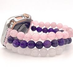 Custom, handmade, beaded watch band compatible with Apple Watch made with rose quartz, amethyst, and white jade stone beads. Please use the drop-down to select your connector and wrist size. I can also make one custom to your wrist measurement if you include your wrist size in your order (example in last photo). I have many different colors/styles/materials of beads. If you are looking for a specific color please send me a message and I may have it! These are handmade items so they may vary in p Beaded Watches, White Jade, Jade Stone, Jade Beads, Stone Beads, Apple Watch, Watch Bands, Rose Quartz, Jade