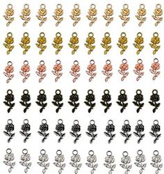 many different colors and sizes of charms on a white background with black, gold, silver, and pink flowers