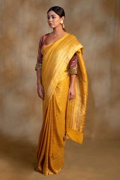 Canary yellow silk georgette banarasi saree with pattidaar handcrafted pattern. Comes with an unstitched blouse. - Aza Fashions Georgette Banarasi Saree, Sarees Banarasi, Yellow Silk, Banarasi Saree, Blouse For Women, Canary Yellow, Banarasi Sarees, Aza Fashion, Blouses For Women