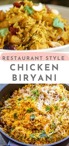 chicken biriyani in a pan with the title above it