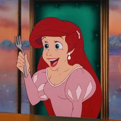 ariel from the little mermaid is holding up a glass in front of a plate with a bird on it