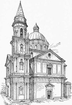 an old drawing of a church with a steeple