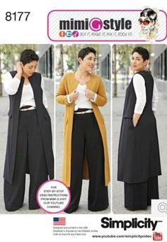 Simplicity Sewing Pattern 8177 Plus-Size Mimi G Style Size 20W-28W Note: For measurements see the pic of the back of envelope. Women's Unlined Coat, Pants, Vest & Knit Top New and uncut pattern. Wide Leg Pants Pattern, Extra Long Cardigan, Mimi G Style, Vest Sewing Pattern, Knit Top Patterns, Outfit Elegantes, Mimi G, Women's Sewing Pattern, Pants Sewing