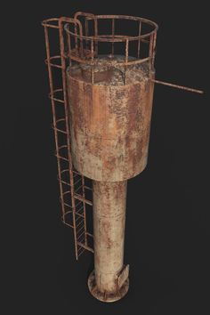 an old rusted metal pole with a cage on it's top and bottom