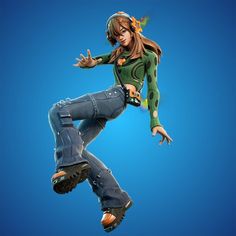 a woman in green shirt and jeans doing a trick on a skateboard with blue background