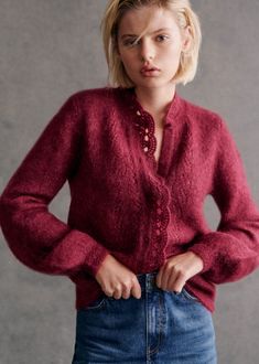 Wool and Kid Mohair Cardigan with Long Slightly Puffed Sleeves;Openwork knit on the front;Button placket edged in crochet around the neckline;Round neckline;Length from the shoulder: 54.5 cm / 21.2 in (for a S) Mix & Match, Burgundy Outfit, Burgundy Cardigan, Mohair Cardigan, Boho Fall, Fall Collection, Outfit Inspo Fall, Black Kids, Fall Collections