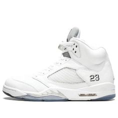 The Air Jordan 5 Retro 'Metallic White' 2015 is a remastered version of the classic colorway first released in 2000. The sneaker features a white tumbled leather upper with metallic silver and black accents on an ice blue translucent outsole. This retro release is sure to please fans of the Air Jordan 5, and is a must-have for any collector. With its clean and simple design, the Air Jordan 5 Retro 'Metallic White' 2015 is a versatile sneaker that can be worn with any outfit. Whether you're hitting the court or just hitting the streets, the Air Jordan 5 Retro 'Metallic White' 2015 is a great choice. (AJ5/SNKR/Men's/Non-Slip/High Top/Basketball/Shock-absorbing) White Sneakers With Embossed Logo For Streetwear, Sporty White High-top Sneakers With Embossed Logo, White Basketball Shoes With Embossed Logo And Round Toe, White High-top Sneakers With Embossed Logo For Streetwear, White Basketball Shoes With Embossed Logo, White High-top Basketball Shoes With Embossed Logo, White Mid-top Sneakers With Embossed Logo, White Leather Basketball Shoes With Embossed Logo, Classic White Custom Sneakers With Embossed Logo