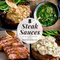 steak sauces on plates with green beans and asparagus