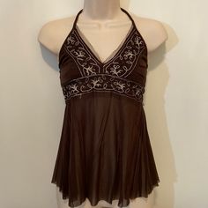 New Without Tags. Embroidered And Beaded Brown Halter. Ties At The Neck And Sash Around The Waist That Ties In Back. The Bust Area Is Lined And The Bottom Is Sheer And Glory, A Soft Tulle Material. 80% Polyester 20% Spandex Length: 21” Forever 21 Floral Embroidery Fitted Tops, Forever 21 Fitted Brown Top, Vintage Tops 90s, Dr Wardrobe, Tulle Material, Earthy Outfits, Fame Dr, Soft Tulle, Forever21 Tops